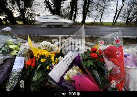 Un memoriale sul ciglio della strada sulla A429 a nord di Stow-su-il-Wold, Gloucestershire dove un incidente del 7 marzo 2008 che coinvolgono condannati Foto Stock