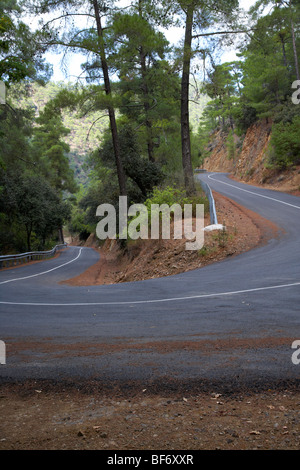 Twisty tornante in una strada di montagna nei monti Troodos forest repubblica di cipro Foto Stock