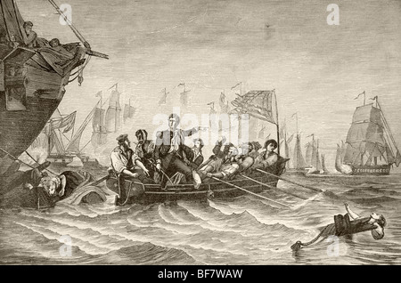 Capitano Comandante Oliver Hazard Perry trasferimento da noi Brig Lawrence a noi Brig Niagara durante la battaglia del Lago Erie, 1813. Foto Stock