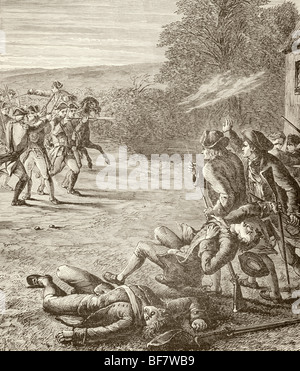 Un incidente a Lexington durante la Battaglia di Lexington e Concord, 19 aprile 1775, la prima battaglia della Rivoluzione Americana Foto Stock