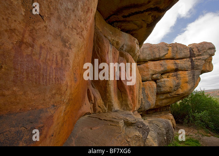 Boscimane di arte rupestre nelle montagne Cederberg, Sud Africa. Sud Africa Boscimani San, Sho, Basarwa, Kung, Khwe Foto Stock