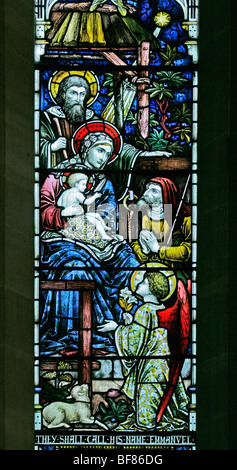 Una vetrata raffigurante la Natività, la chiesa di St Mary, Sud Tidworth, Wiltshire Foto Stock