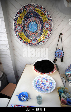 Un gatto nero dorme in una ciotola al di fuori di una ceramica e ceramica shop a Kalkan Foto Stock