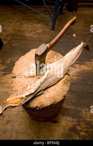 Strisce di baccalà, noto come stoccafisso, su un blocco di spacco al costiero Heritage Centre In Foldalbruket, Norvegia. Foto Stock