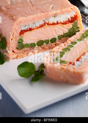 Tutta una terrina di salmone con una fetta presa off Foto Stock