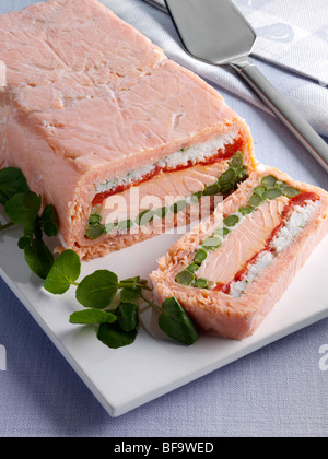 Tutta una terrina di salmone con una fetta presa off Foto Stock