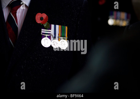 Vedove di guerra e amici indossando medaglie raccolte presso il cenotafio in atto annuale di ricordo per coloro che sono morti in guerra Foto Stock
