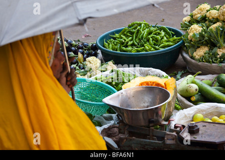 Rajput venditore vegetali con un umbrtella per ombra in Pushkar India Foto Stock