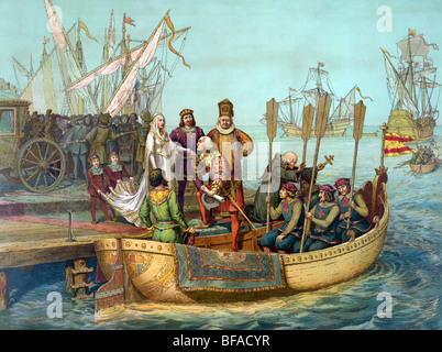 Stampare c1893 intitolata " Il primo viaggio" - Cristoforo Colombo dice addio alla Regina Isabella come egli parta per il Nuovo Mondo. Foto Stock