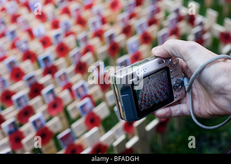 Fotografie del visitatore attraversa e di papavero marcatura caduti soldati uccisi in Afghanistan durante il ricordo week end a Londra. Foto Stock