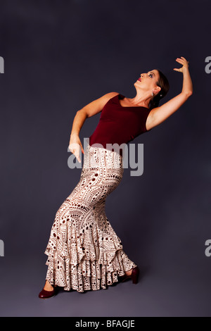 Bellissima femmina ballerina di Flamenco facendo una tipica linea posa indossando costumi moderni. Donna spagnola ballare Flamenco a marrone. Foto Stock