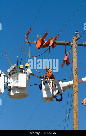 Facendo Lineworkers elettrico costruzione powerline in Camas County, Idaho, Stati Uniti d'America. Foto Stock