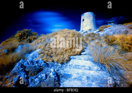 Torre di avvistamento dei pirati, Cap Formentor, Mallorca, infra-rosso. Foto Stock