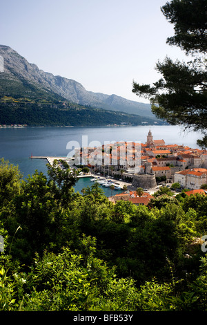 Vista sopra la città di Korcula, Isola di Korcula, Croazia Foto Stock