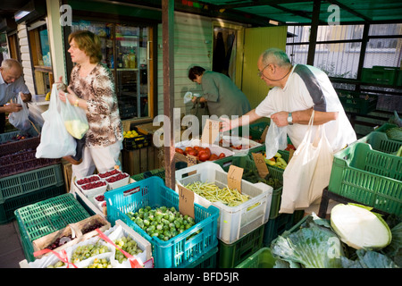 I clienti al negozio di frutta e verdura del mercato locale in stallo sul polacco edilizia residenziale station wagon. Città Kedzierzyn-Kozle. Polonia Foto Stock