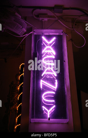 Neon luminoso hotel vacanza sign in il quartiere art deco su Ocean Drive a Miami Beach, America Foto Stock