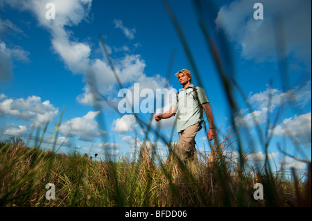 Un uomo escursioni a piedi attraverso il parco nazionale delle Everglades, Florida. Foto Stock