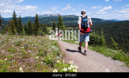 Gli escursionisti a piedi i prati alpini a Manning Provincial Park in British Columbia, Canada Foto Stock