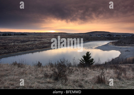 Il Fiume Bow presso sunrise, Cochrane, Alberta, Canada Foto Stock