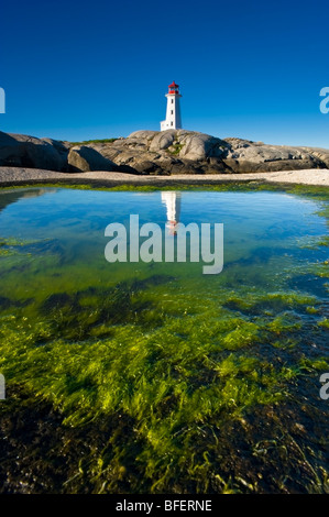 Faro si riflette nella piscina di marea, Peggy's Cove, Nova Scotia, Canada Foto Stock