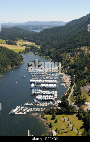 Foto aerea della baia di acero e acero Bay Marina, Isola di Vancouver, British Columbia, Canada. Foto Stock