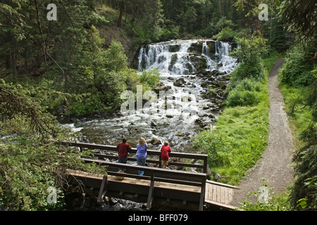 Guardando il Bridge Creek Falls in Centennial Park in 100 Mile House, British Columbia, Canada Foto Stock