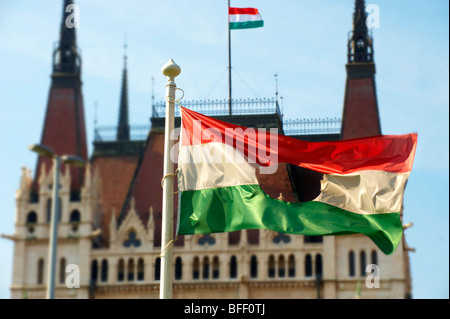 Bandiera con un foro in essa commemora il 1956 rivolta al di fuori del Parlamento, Budapest, Ungheria Foto Stock