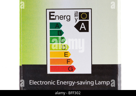 Ue energia elettrica etichetta sulla bassa energia lampadina luce box che mostra la più alta energia efficienza nominale A. England Regno Unito Gran Bretagna Foto Stock