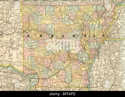 Originale vecchia mappa di Arkansas dal 1884 la geografia di un libro di testo Foto Stock