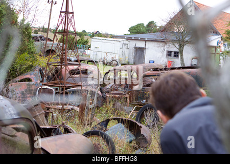 Uomo che guarda sulla vecchia ruggine americano auto in junkyard . Foto Stock