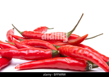 Un tappeto di peperoncino rosso contro uno sfondo bianco dal basso punto di vista. Foto Stock