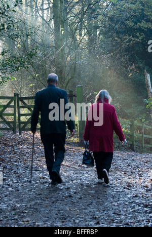 Un giovane a piedi a lavorare lungo un sentiero di bosco su un luminoso mattino d'autunno. Foto Stock