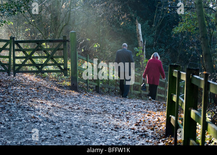 Un giovane a piedi a lavorare lungo un sentiero di bosco su un luminoso mattino d'autunno. Foto Stock