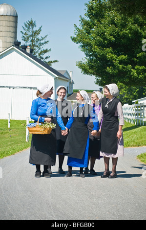 Giovani donne amish amici percorrendo a piedi il paese lane road in Lancaster PA. casalinghe Foto Stock