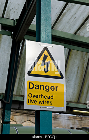 Overhead Live Wire Avviso su terreni di proprietà delle ferrovie. Foto Stock