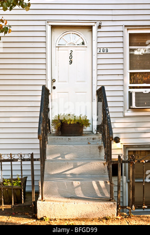 Bianco con pannelli porta di ingresso con ventola light & voce concreti passi con ringhiere in ferro battuto vecchia casa in Red Hook Brooklyn NY Foto Stock