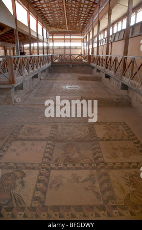 Tetto di protezione e passerelle elevate intorno i mosaici sul pavimento della casa di dionysos villa romana a Paphos Foto Stock