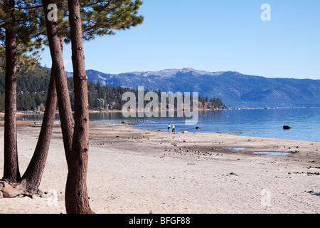 Giovane e il loro cane a camminare sulla spiaggia di Kings Beach, Lake Tahoe, California Foto Stock