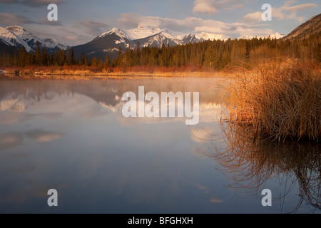 Lago di Vermillion all alba e la massiccia gamma, Alberta, Canada Foto Stock