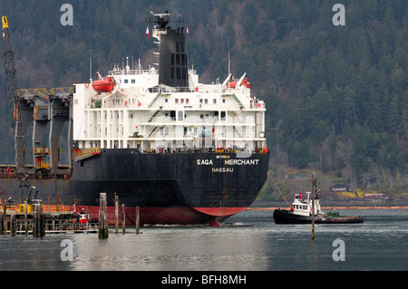 Rimorchiatore aiutando freighter dock nella baia di Cowichan, BC. Foto Stock