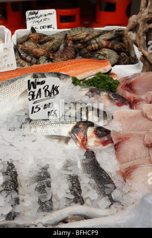 Wild Sea Bass pesce fresco in vendita presso pescivendoli stallo a Borough Market di Londra Foto Stock