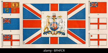Le bandiere e lo stemma della Gran Bretagna. Litografia a colori Foto Stock