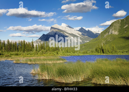 Mt Rundle sale al di sopra dei Laghi Vermillion nei pressi della cittadina di Banff entro il Banff National Park in Alberta Canada. Foto Stock