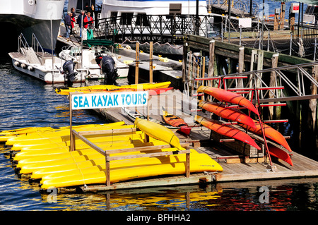 Le pile e le righe di kayak in attesa su un dock per gite turistiche in francese della baia, Mt. Isola deserta, Bar Harbor, Maine, Stati Uniti d'America. Foto Stock