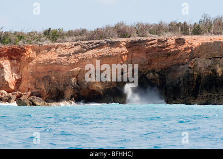 Rosso scogliere formano una sponda verticale sul lato nord di abbassare il West End Point, Anguilla, West Indies Foto Stock