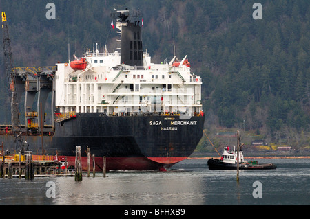 Rimorchiatore aiutando freighter dock nella baia di Cowichan, BC. Foto Stock