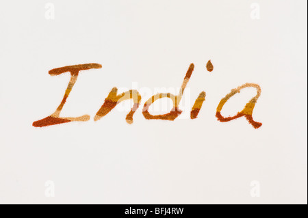 La parola " India " scritto in spezie indiane su sfondo bianco Foto Stock