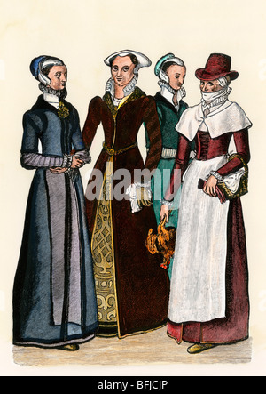 Le donne della città e un paese-donna in Elizabethan England, 1500s. Colorate a mano la xilografia Foto Stock