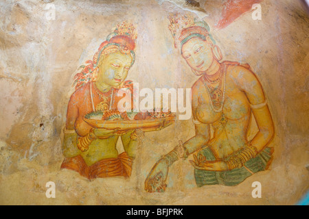 Le pitture rupestri di concubine all'interno di Sigiriya, Sri Lanka Foto Stock