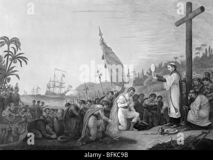 Stampare c1876 mostra Cristoforo Colombo e il suo equipaggio pregando dopo lo sbarco nel Nuovo Mondo per la prima volta il 12 ottobre 1492. Foto Stock